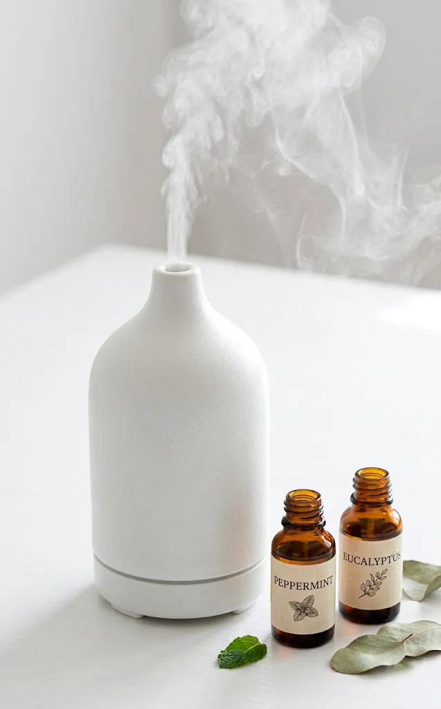 White ceramic diffuser emitting cool mist next to peppermint oil bottles on a bright desk.