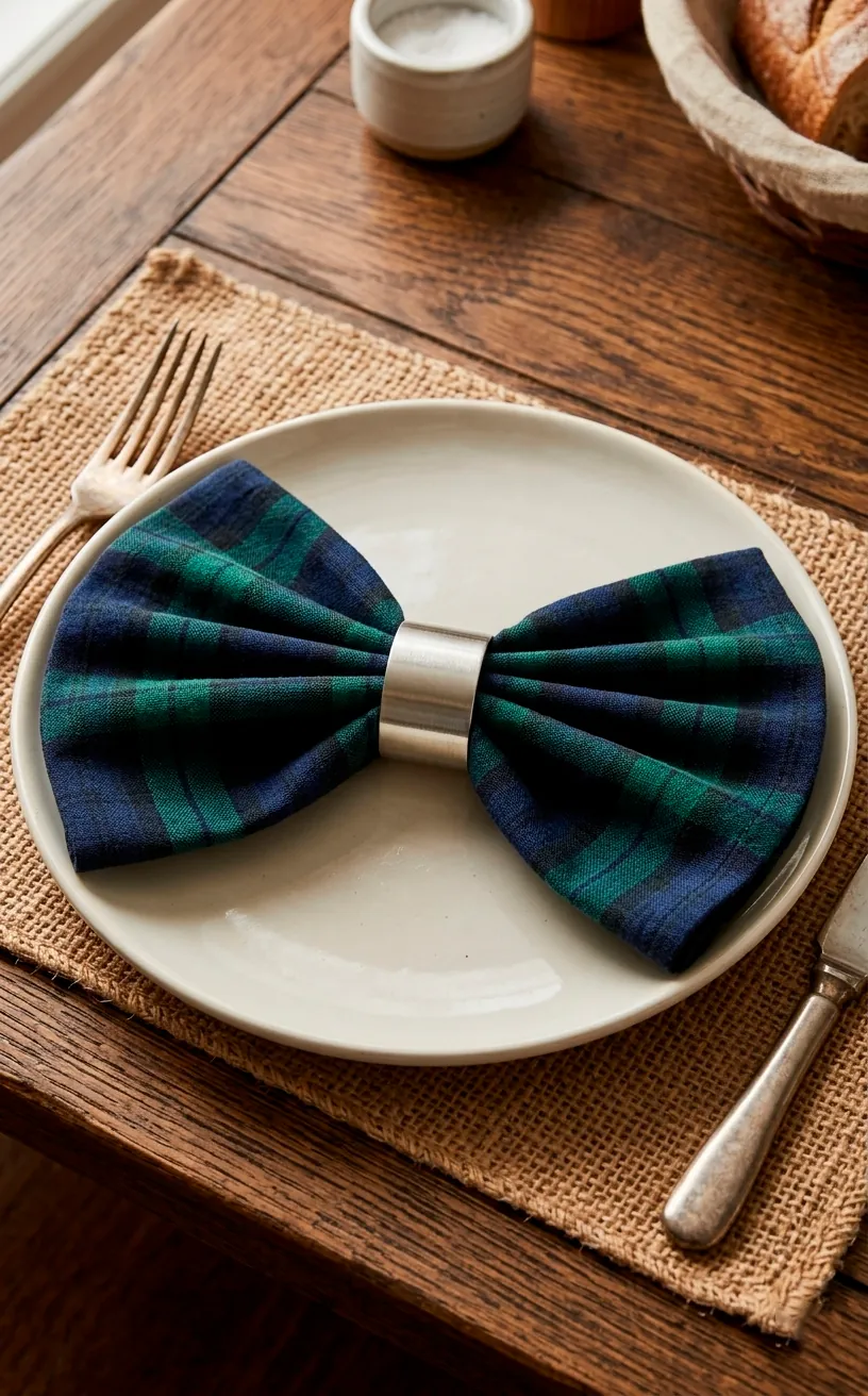 Plaid bow tie napkin fold with a silver ring on a farmhouse-style table setting.