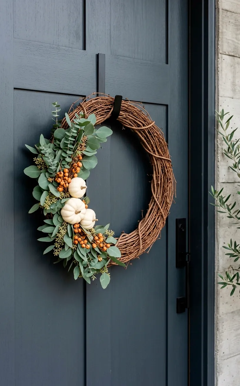 Modern asymmetrical autumn wreath with eucalyptus and white gourds on a door.