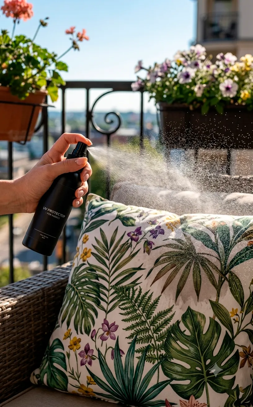 Hand applying UV protective spray onto a botanical print outdoor pillow.