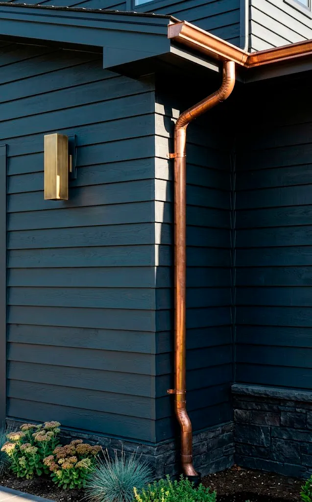 Blue-black Inkwell siding with a bright copper downspout and modern light.