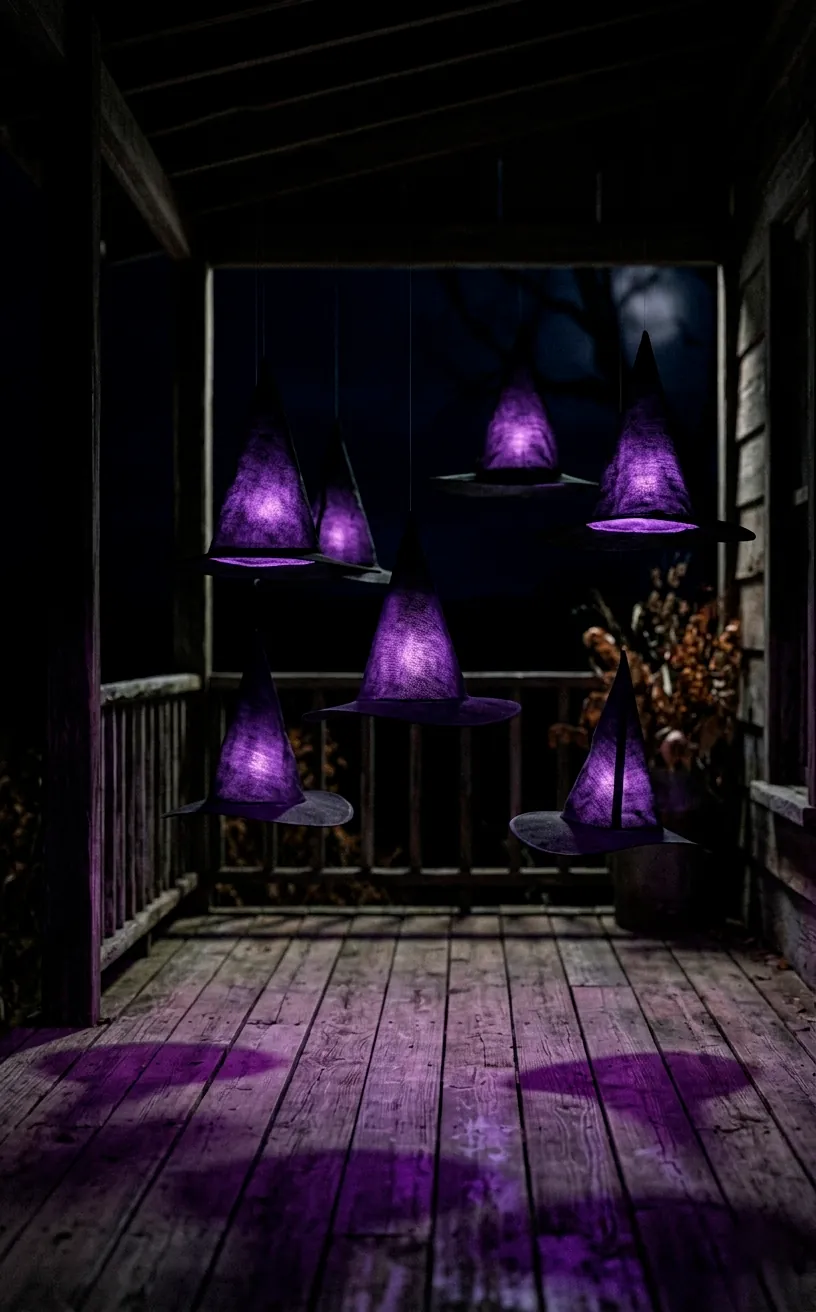 Floating black witch hats glowing with purple light on a dark porch at night.