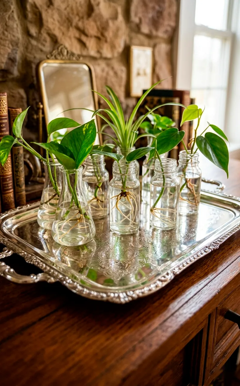 Ornate silver tray holding glass propagation jars with plant cuttings on a console table.
