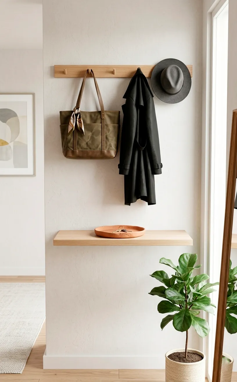 Minimalist apartment entryway showing organized wooden coat rack for mindful low waste living.