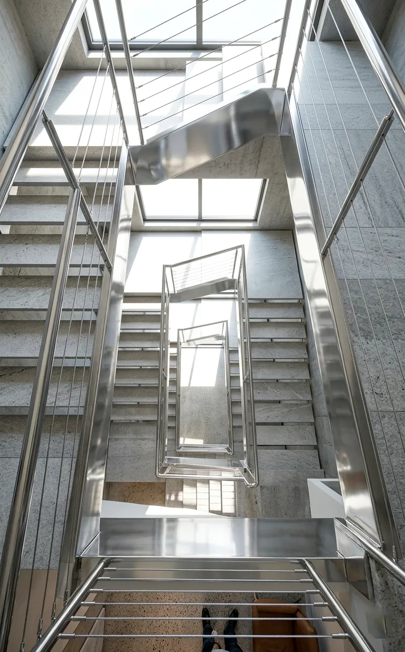 View from the top of a chrome mono-stringer staircase with grey stone treads and cable railings.