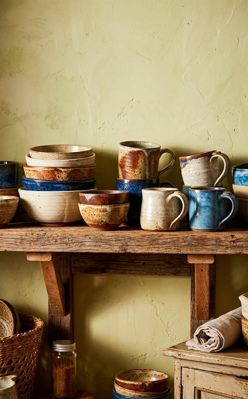 Rustic kitchen shelf with hand-thrown ceramic pottery in earthy glazes like cream and blue.