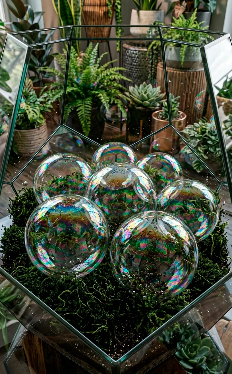 Large iridescent glass garden orbs placed among green plants in a modern indoor garden.