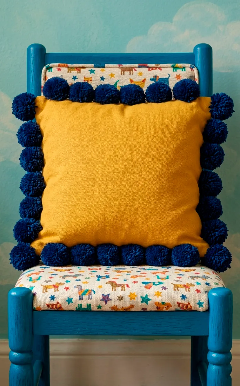 Mustard yellow canvas throw pillow with large navy blue pom pom trim on a kids room chair.