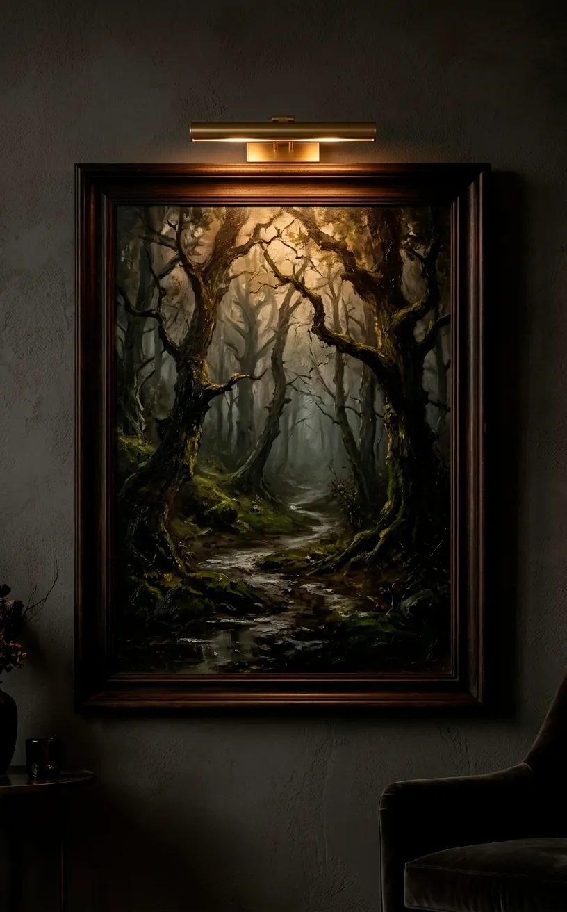 Oil painting illuminated by a brass cordless picture light in a moody, luxurious room.