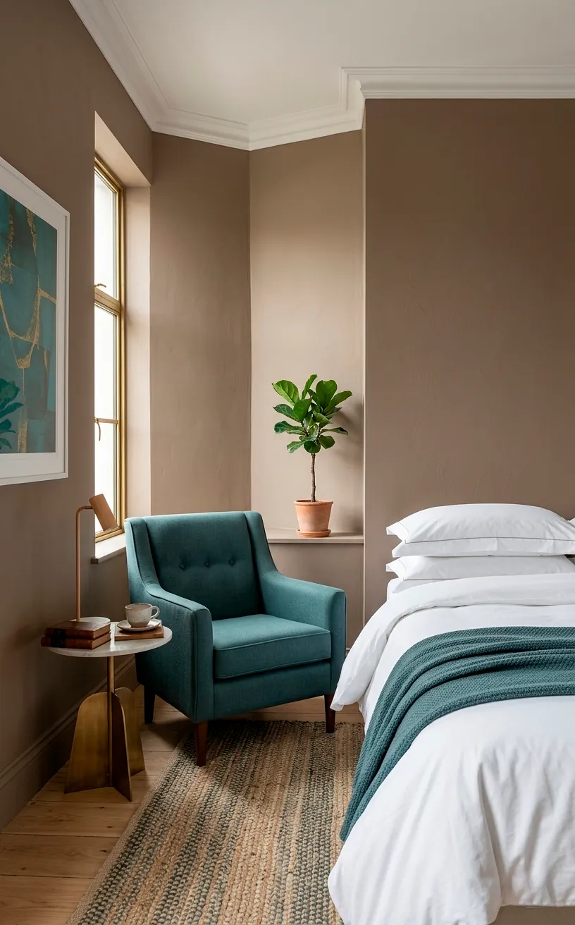 An elegant guest room with warm taupe walls and a stylish muted teal accent armchair.