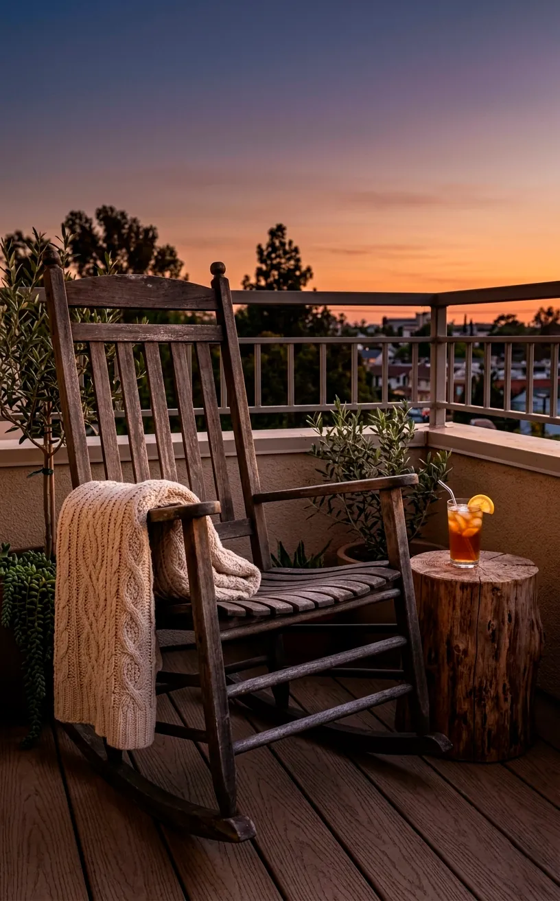 An eucalyptus wood rocking chair with a cream knit blanket on a warm balcony.
