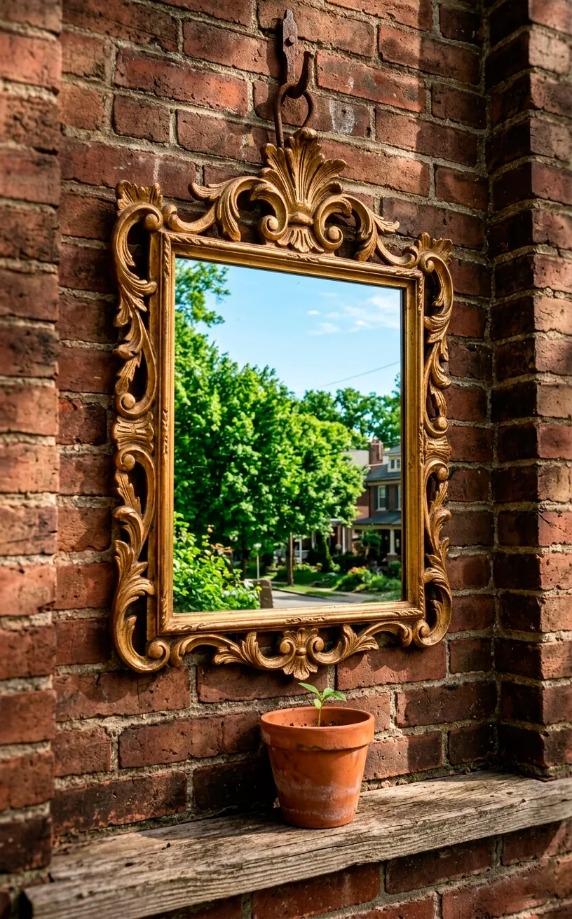 Ornate vintage gold mirror hanging on a textured brick exterior porch wall.