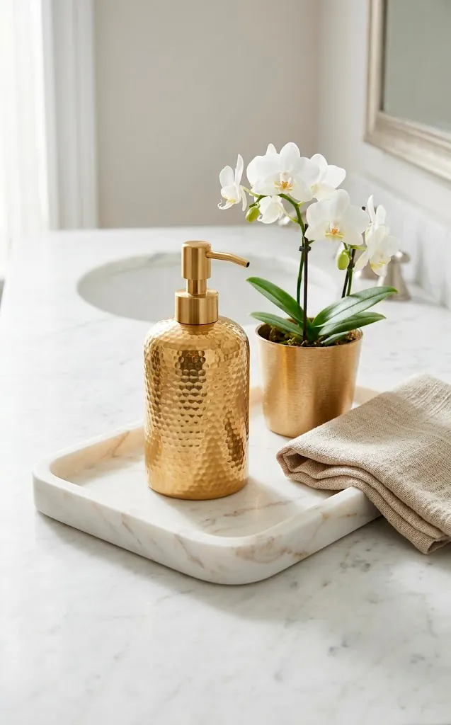 Gold bathroom accessory set on a marble tray with a white orchid.