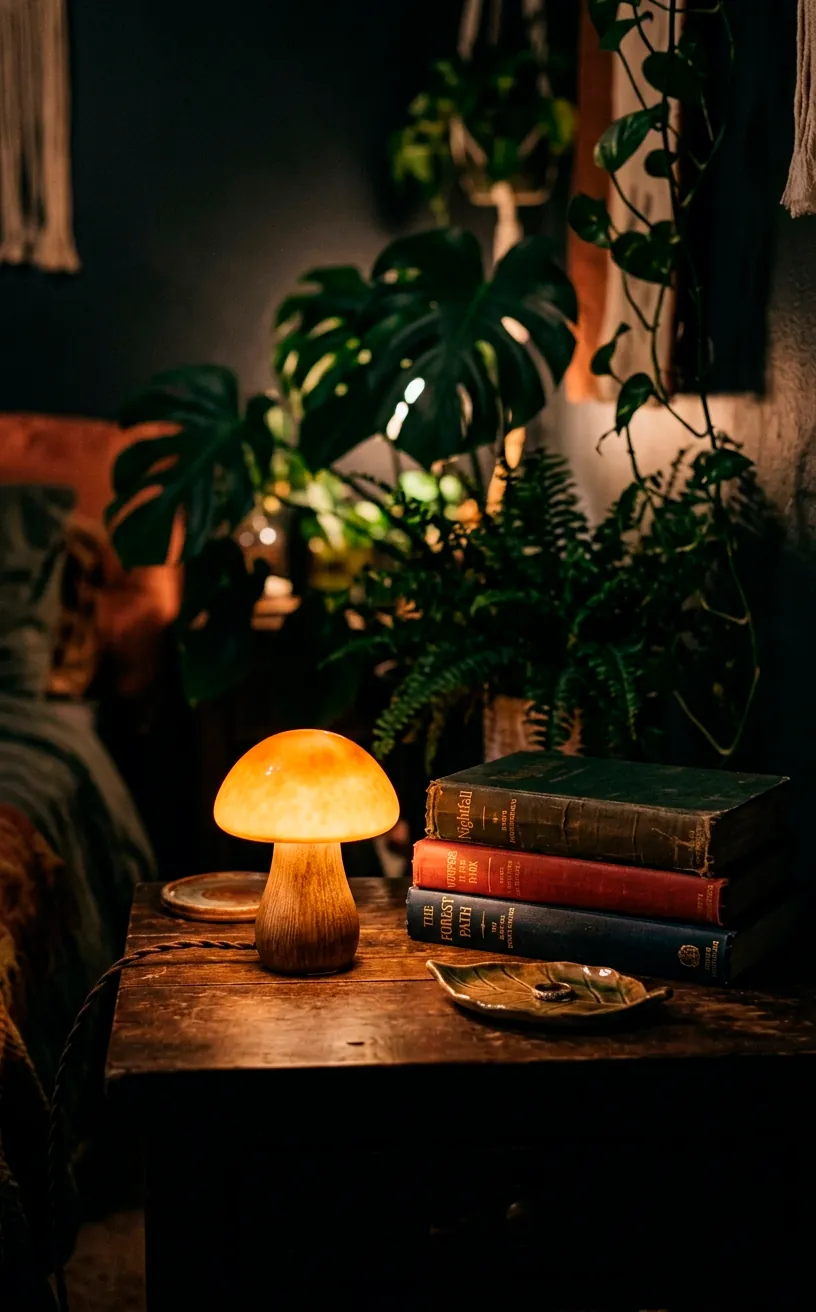 Warm glowing mushroom nightlight on a bedside table in a dark room.