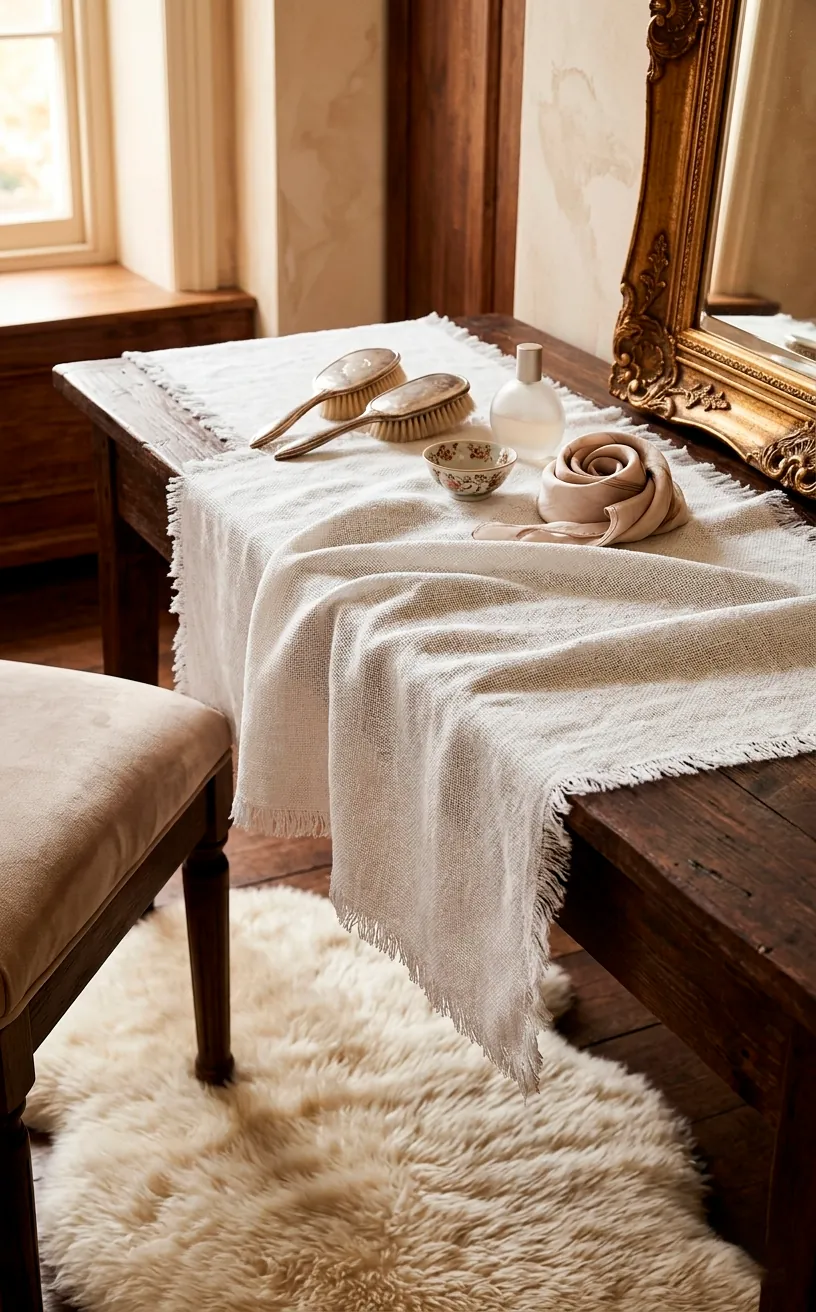 A white frayed linen table runner styled gracefully over a dark rustic wood vanity tabletop.