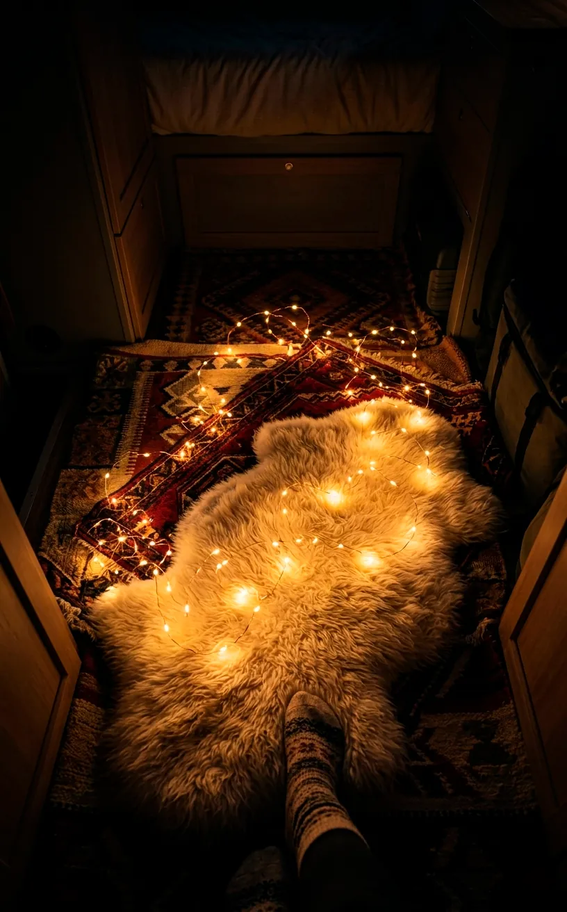 Amber fairy lights illuminating layered rugs on a van floor at night.