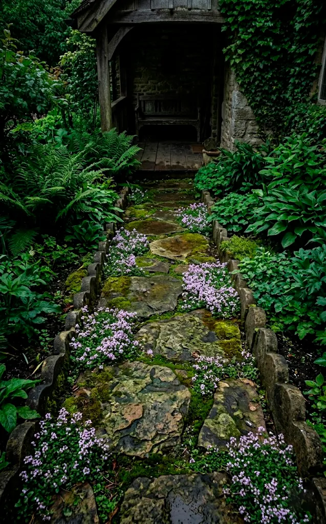 Scalloped stone garden edging along a flagstone porch path with purple flowers.