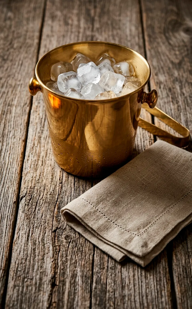 Texture contrast between weathered wood and a polished brass ice bucket on a bar.