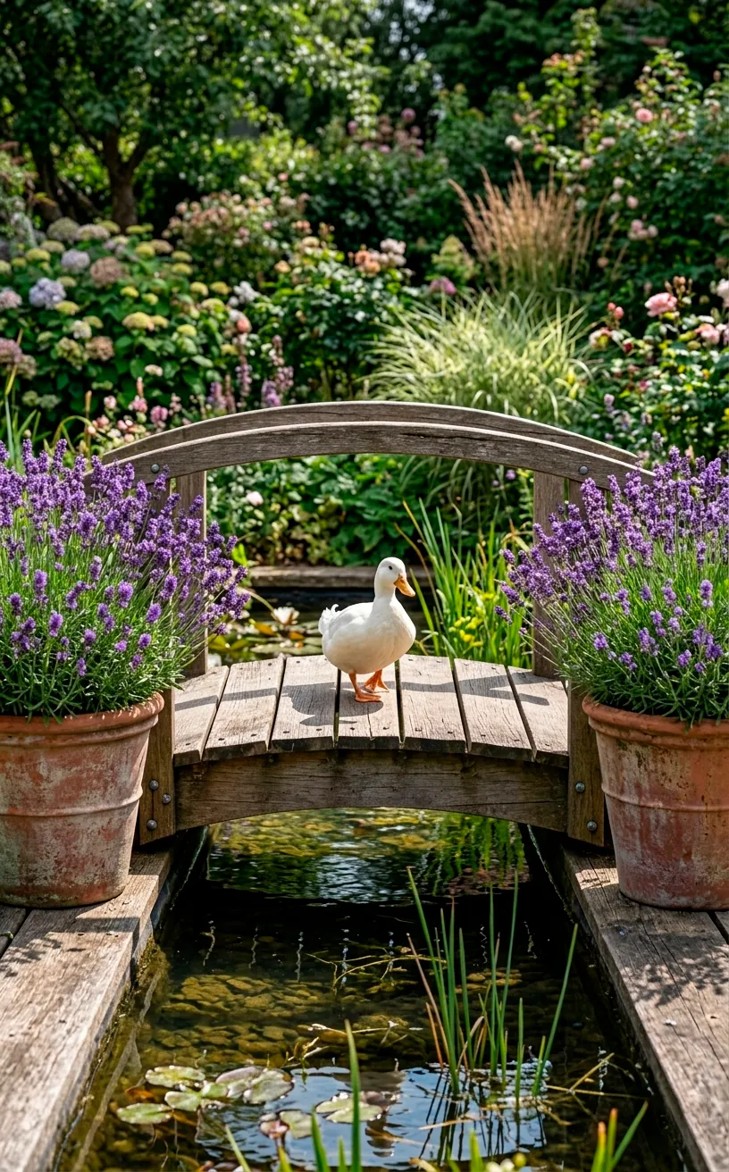 Small wooden garden bridge with potted lavender at the entrance.