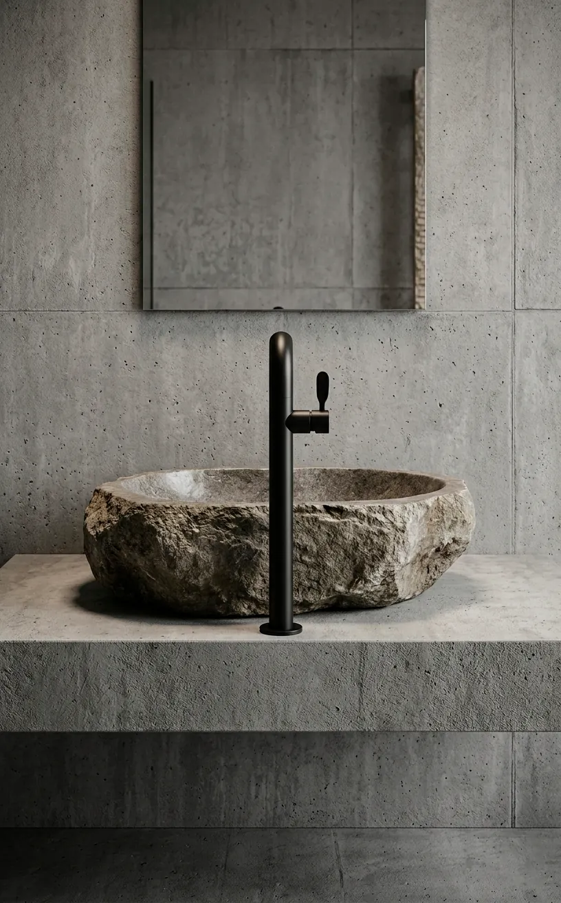 Raw edge stone vessel sink with a tall matte black faucet in a minimalist bathroom.