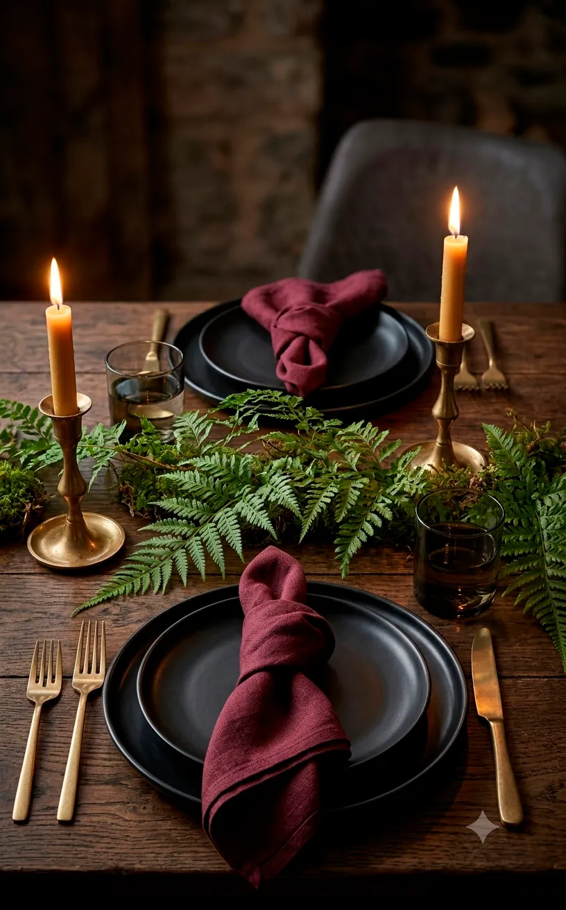 Moody dining table setting with black plates, burgundy napkins, brass candles, and fern centerpieces.
