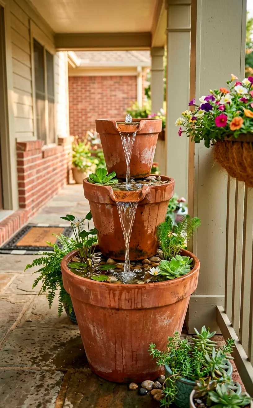 A three-tiered DIY terracotta container fountain pond splashing water gently on a front porch.
