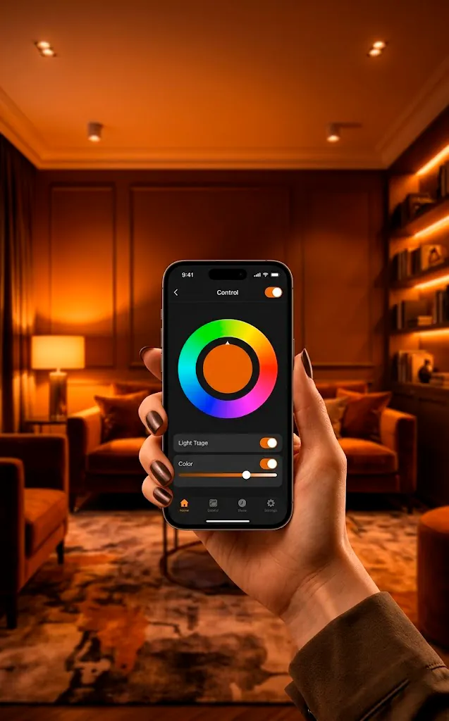 Hand using a smartphone app to control warm smart lighting in a moody, dark living room.