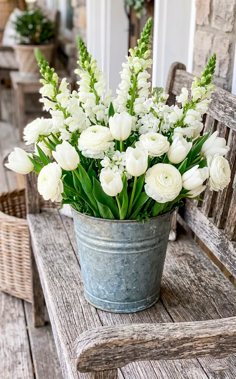 Monochromatic white floral arrangement in a galvanized metal bucket on a wooden bench.
