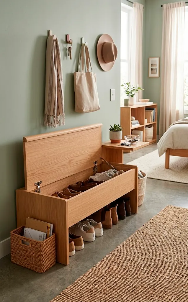 Entryway storage bench for hiding shoes in a small studio apartment.