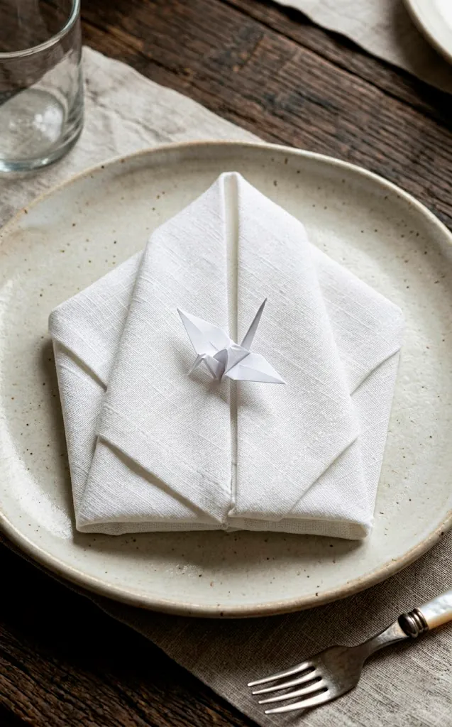 Minimalist origami paper crane on a white linen napkin and ceramic plate.