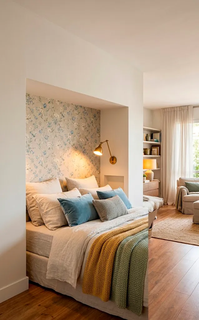 Bed tucked into a wall alcove with decorative wallpaper and a reading light.