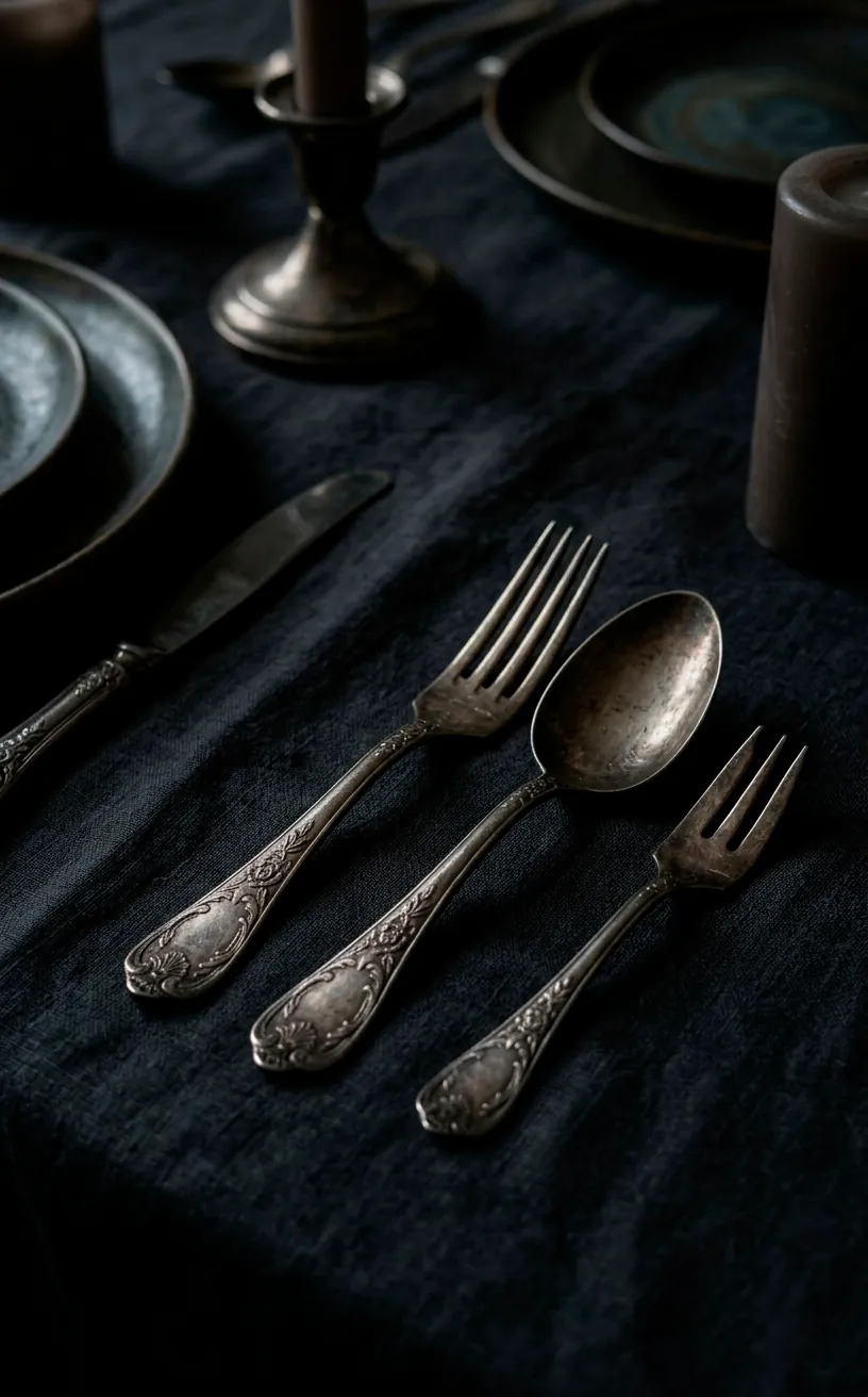 Antique tarnished silver cutlery with ornate engravings on a dark table.