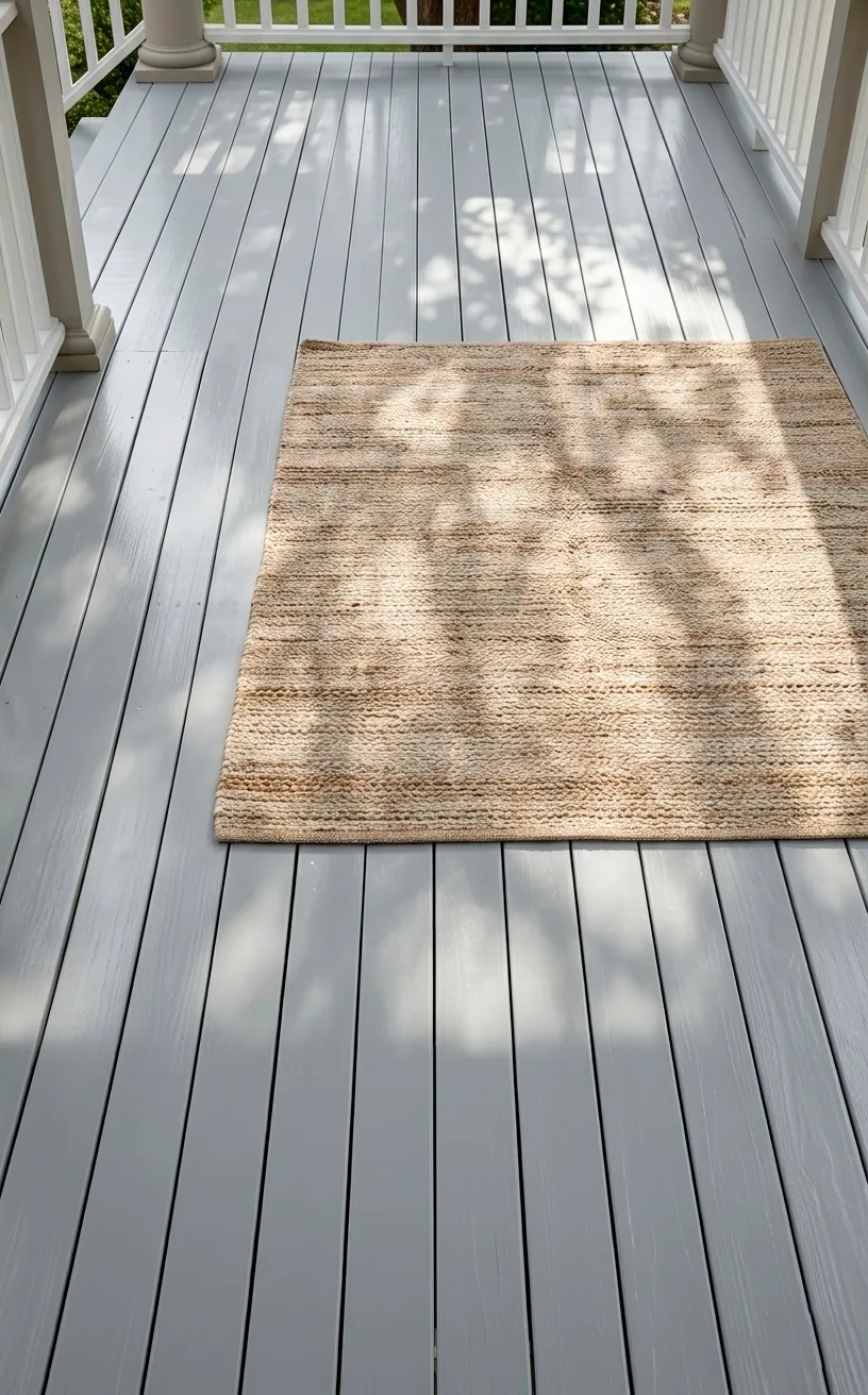 A light dove-gray painted wooden porch floor with a natural flat-weave rug.