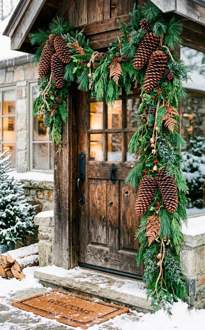 Breathtaking asymmetrical winter garland made of fresh pine and cedar draped elegantly over a rustic front door.