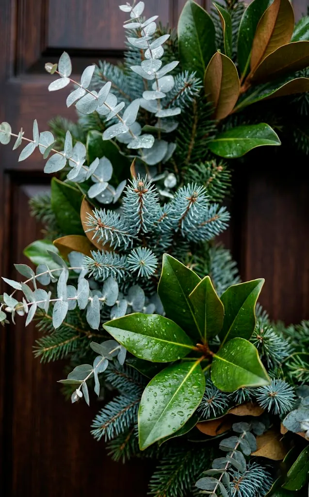 Textured wreath design with mixed eucalyptus, magnolia leaves, and spruce foliage.