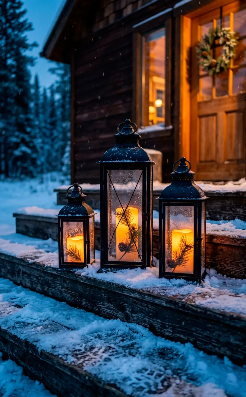 Three glowing black metal lanterns sitting on snowy porch steps at dusk