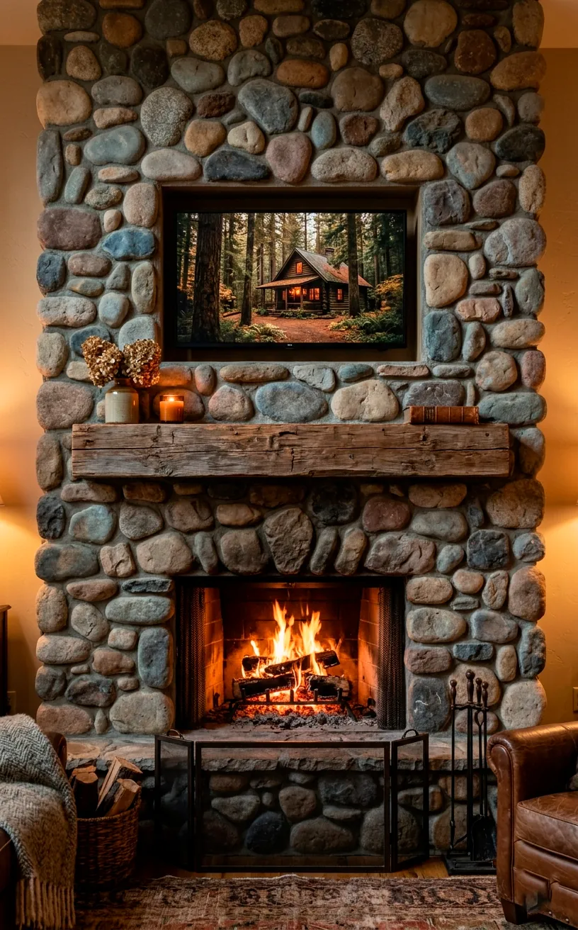 Rustic river rock fireplace wall with a recessed TV and cedar mantel.