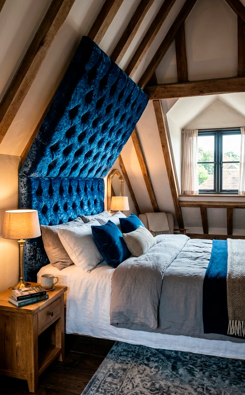 Sapphire blue crushed velvet custom headboard fitted against a sloped attic ceiling