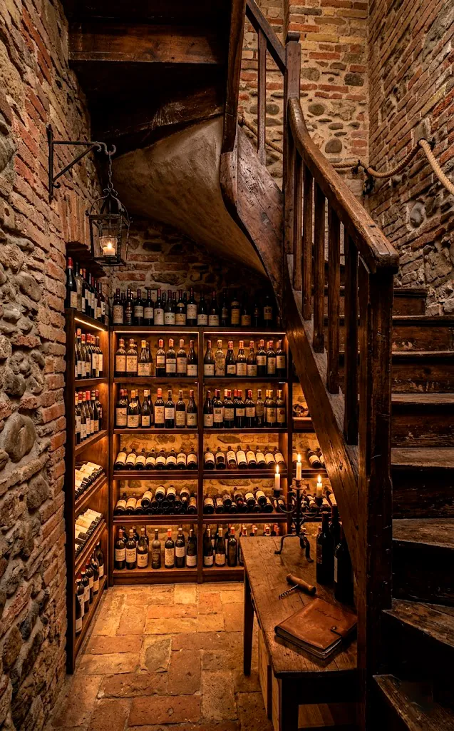 Rustic stone archway wine cellar under stairs with wooden racks and amber lighting