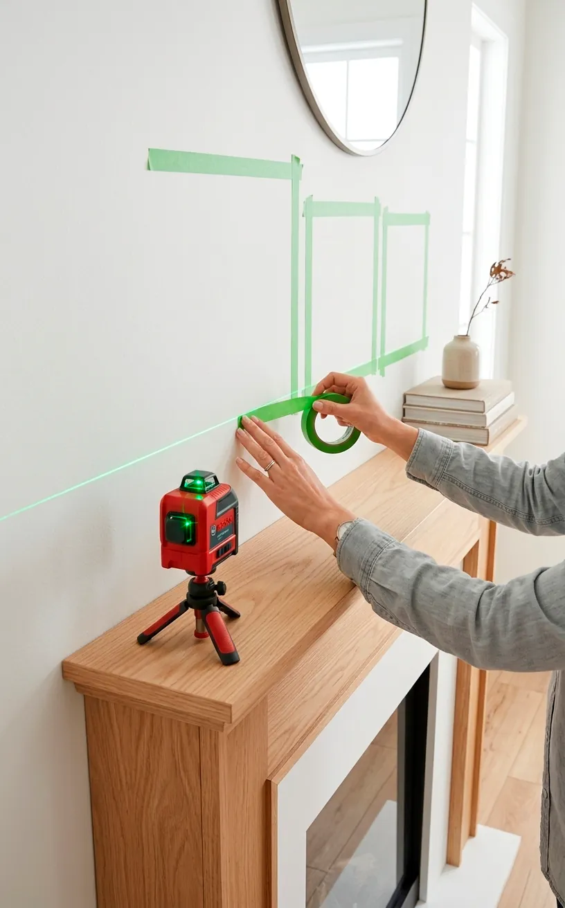 Hand using a laser level and tape to mark the center of a fireplace for a gallery wall.