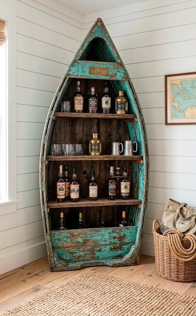 A vertical repurposed wooden rowboat bar with peeling turquoise paint and rum bottles on shelves.