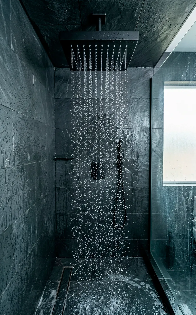 Matte black rainfall showerhead pouring water in a luxury modern walk-in shower with slate tiles.