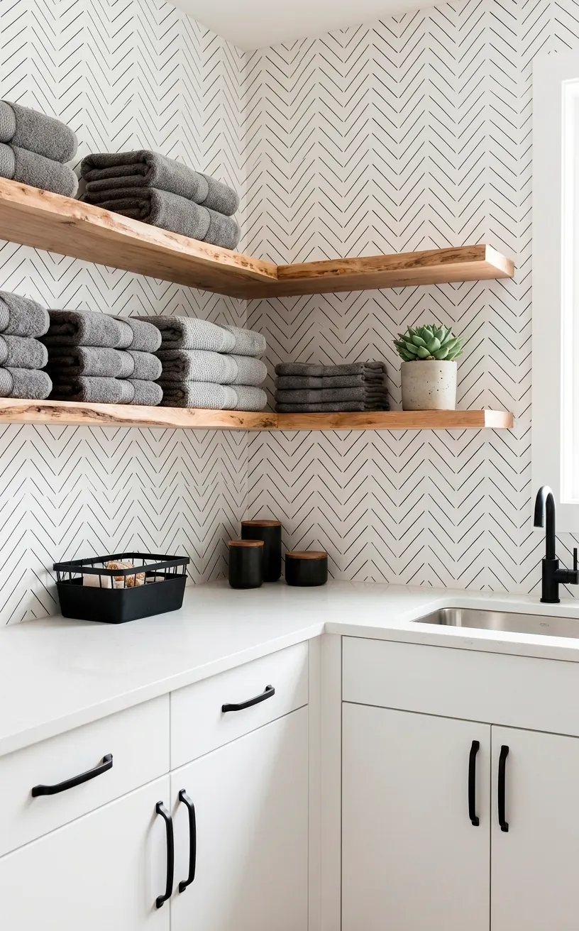 Minimalist black thin line chevron wallpaper behind floating shelves in a contemporary laundry room.