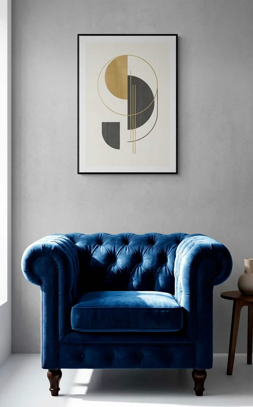 Navy blue velvet Chesterfield chair with deep button tufting and rich texture.