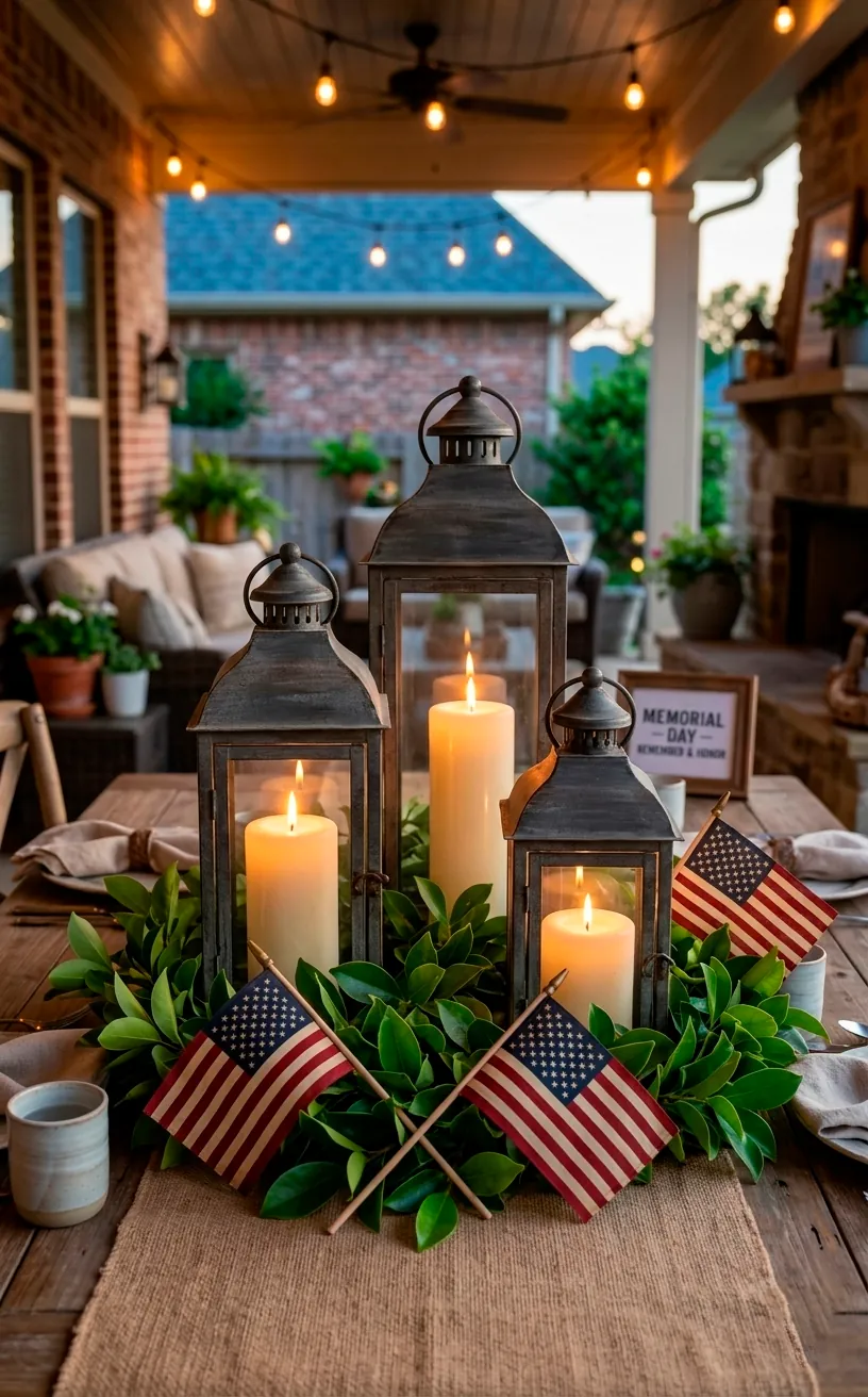Rustic charcoal lanterns with flags and greenery for a Memorial Day table centerpiece.