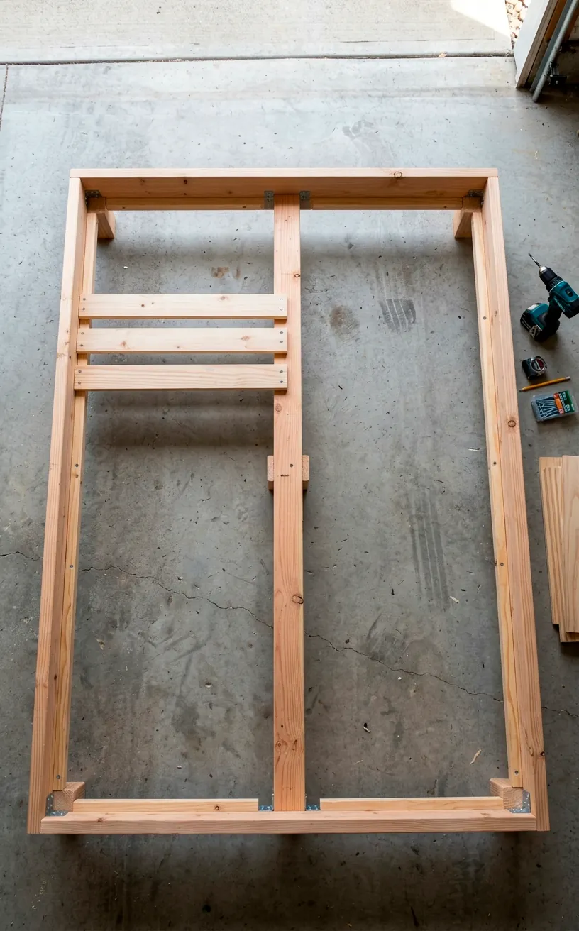 The inner wooden structure and center support beam of a DIY platform bed frame under construction.