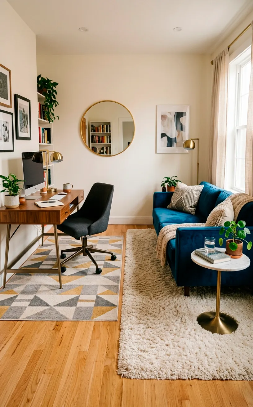 Home office and guest room combo using two different style rugs to define zones