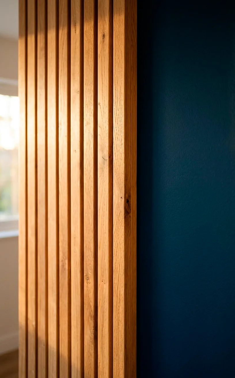 Close-up of warm honey oak slatted wood paneling contrasting with a matte navy blue painted wall.