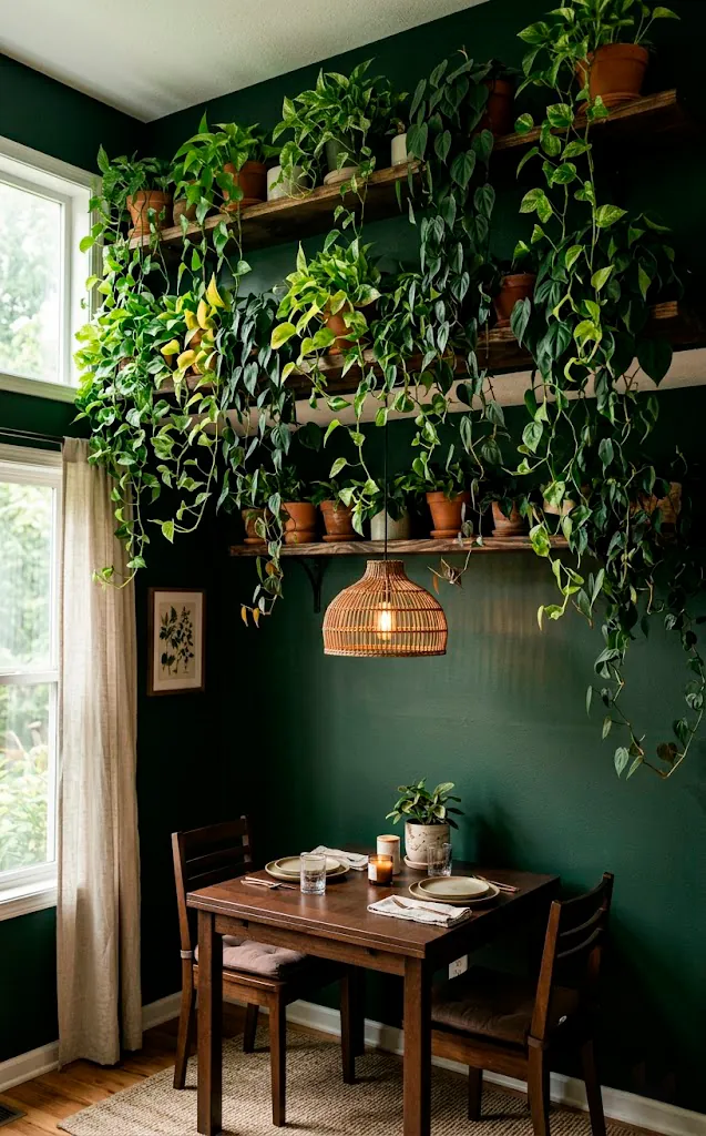 Trailing pothos and philodendron plants cascading from floating wood shelves against a dark green wall.