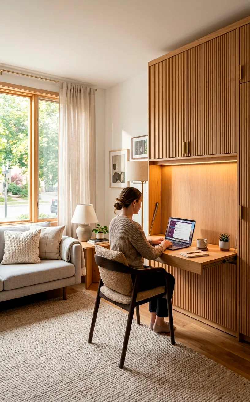 A fluted wood wall cabinet folded down to serve as a compact Murphy desk in a living room.
